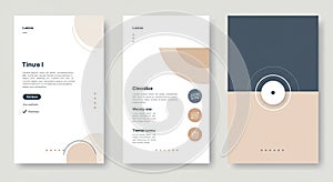 Three minimalist mobile app interface designs are displayed side by side. They
