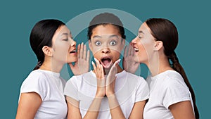 Three Mixed Ladies Gossiping Standing On Turquoise Background, Panorama