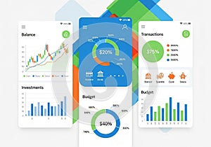 Three mobile app screens display financial data. The first screen