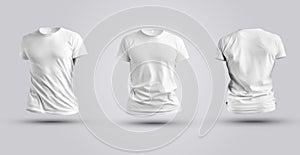 Three mockups of white realistic 3d t-shirt isolated on white background
