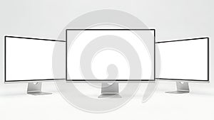 Three modern computer monitors arranged in a row on a white background screen display