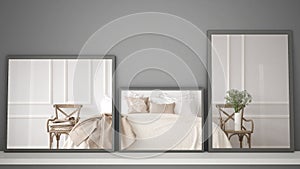Three modern mirrors on shelf or desk reflecting interior design scene, classic vintage bedroom, minimalist white architecture int