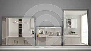 Three modern mirrors on shelf or desk reflecting interior design scene, contemporary modern kitchen, minimalist white architecture