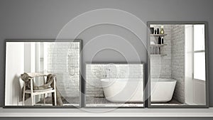 Three modern mirrors on shelf or desk reflecting interior design scene, scandinavian classic bathroom, minimalist white architectu