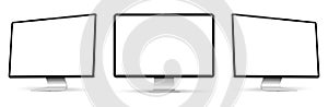 Three monitor with empty display, realistic set device screen mockup