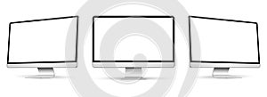 Three monitor with empty display, realistic set device screen mockup
