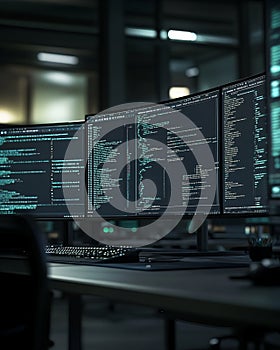 Three Monitors Displaying Computer Code in a Dark Office