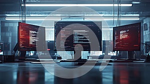 Three Monitors Displaying Computer Code in a Modern Office Setting