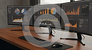 Triple Monitor Setup with Business Data Analytics Dashboard