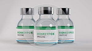 Three Monkeypox vaccine bottled medicines standing on  background. photo