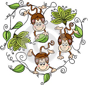 Three monkeys hanging on green leaves