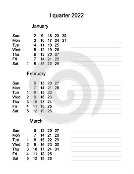 Three months of 1 quarter 2022. Quarterly Calendar English. Business organizer