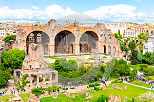 Three monumental arches of Basilica of Maxentius, Italian: Basilica di Massenzio, ruins in Roman Forum, Rome, Italy