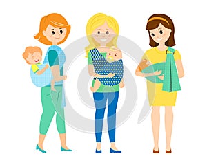 Three mothers with children in slings