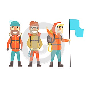 Three mountain climbers with mountain climbing equipment, colorful characters vector Illustration