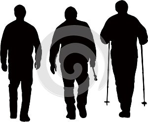 Three mountaineer men walking, silhouette vector