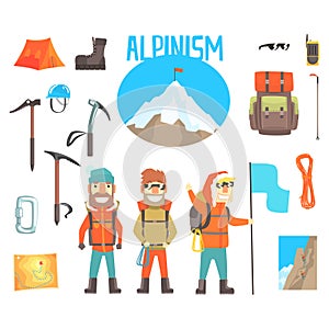 Three Mountaineers And Mountaineering Equipment Set Of Alpinism And Alpinist Tools Vector Illustrations