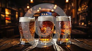 Three mugs of beer on the counter of a bar