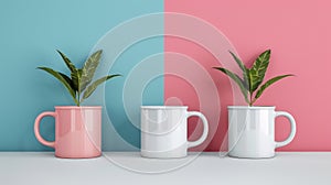 Three mugs with plants in them on a pink and blue wall, AI