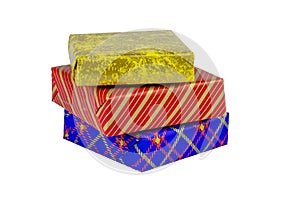 Three multi-colored boxes with gifts on a white background