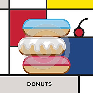 Three multicolor glazed donuts with cherry berry. Modern style art with rectangular colour blocks.