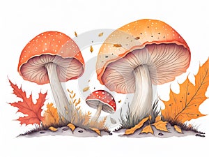 Three mushrooms and leaves on a white background