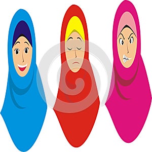 Three Muslim girls in different expressions