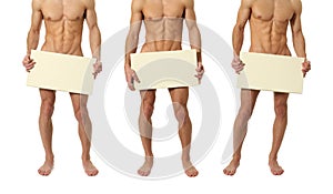 Three Naked Men Covering with a Blank Sign