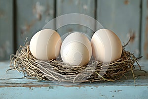 Rustic Easter Decor with Natural Eggs in Woven Nest Against Weathered Wood Generative AI photo