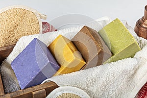 Three natural handmade soap. Beautiful soaps made of lavender, coffee, saffron, olive