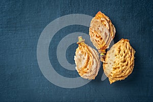Three nectarine fruit seed stones overhead closeup