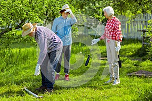 Three neighbors loving green nature planting trees near houses