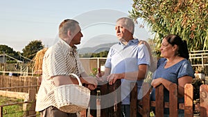 Three neighbours farmers talking together near wooden fence in garden outdoor