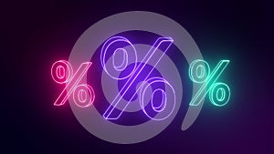 Three Neon percentage sign. Neon percentage sign. Online shopping, sale, discount price offer