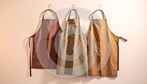 Three Neutral Colored Aprons Hanging on Wall