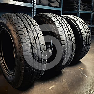 Three new tires changing tires in mechanic shop. Transportation concept.