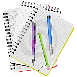 Three notebooks, purple pen, blue pen and green pencil