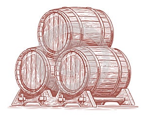 Three oak barrels for alcoholic beverages. Wood casks, kegs with wine or beer. Hand drawn sketch vector illustration