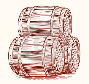 Three oak barrels for alcoholic beverages. Wood casks sketch. Hand drawn vector illustration