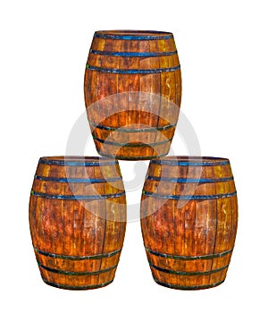 Three oak barrels stack triangular on a white isolated background