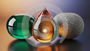 Objects rest on a reflective surface accentuating their shapes and