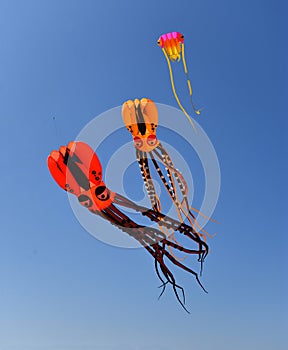 Three Octopus Kites against blue sky