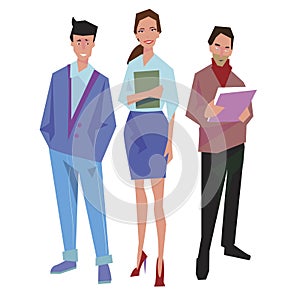 Three office workers, employees, managers. Two men and a woman. Business people in casual clothes. Isolated on white. Business Ico