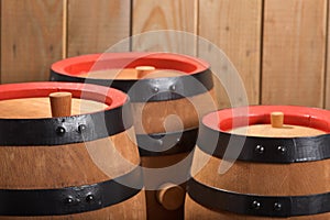 Three old beer barrels