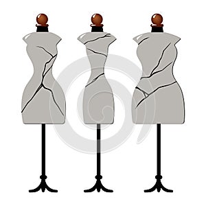 Three old cracked female body shape mannequins. Torso dummy for woman tailor mannequins. Three types of female figure. Vector