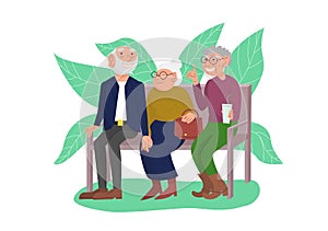 Three old friends sit on bench in park, happy elderly people enjoying outdoors, cheerful friendly chat of retired couple and