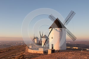 Three old windmills in Alcazar de San Juan, Casilla la Mancha. Don Quixote route. Spain