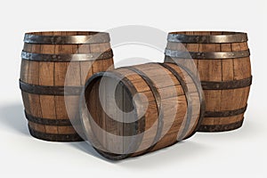 Three old wooden barrels for alcohol. Generative ai