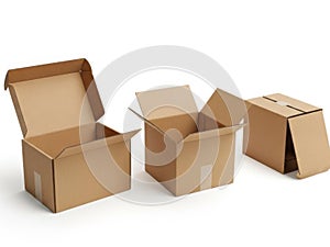 Three open cardboard boxes isolated on white background