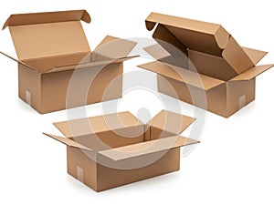 Three open cardboard boxes isolated on white background